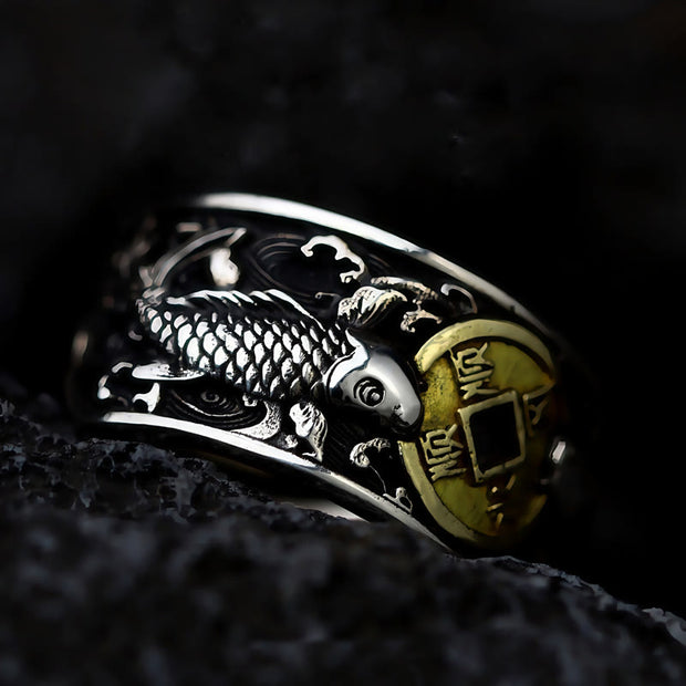Buddha Stones Adjustable Opening 925 Sterling Silver Lucky Koi Fish Copper Coin Auspicious Clouds Wealth Ring