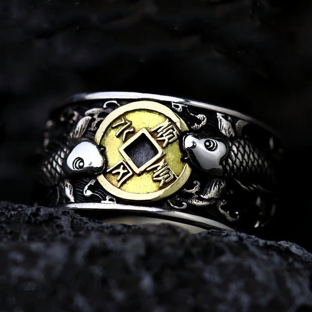 Buddha Stones Adjustable Opening 925 Sterling Silver Lucky Koi Fish Copper Coin Auspicious Clouds Wealth Ring