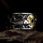 Buddha Stones Adjustable Opening 925 Sterling Silver Lucky Koi Fish Copper Coin Auspicious Clouds Wealth Ring