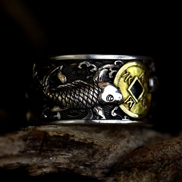 Buddha Stones Adjustable Opening 925 Sterling Silver Lucky Koi Fish Copper Coin Auspicious Clouds Wealth Ring