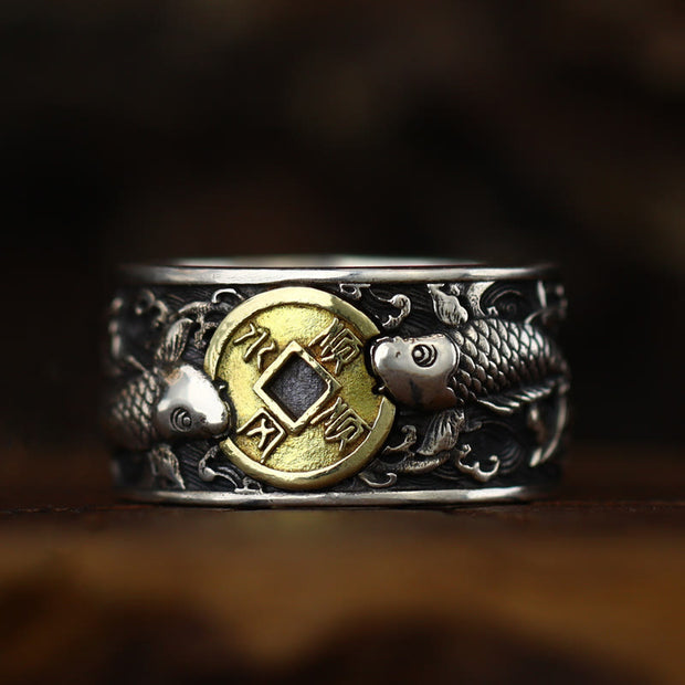 Buddha Stones Adjustable Opening 925 Sterling Silver Lucky Koi Fish Copper Coin Auspicious Clouds Wealth Ring