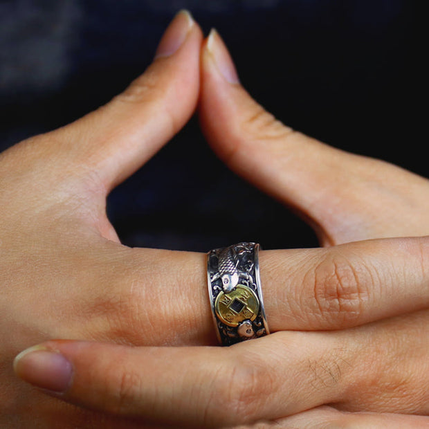 Buddha Stones Adjustable Opening 925 Sterling Silver Lucky Koi Fish Copper Coin Auspicious Clouds Wealth Ring