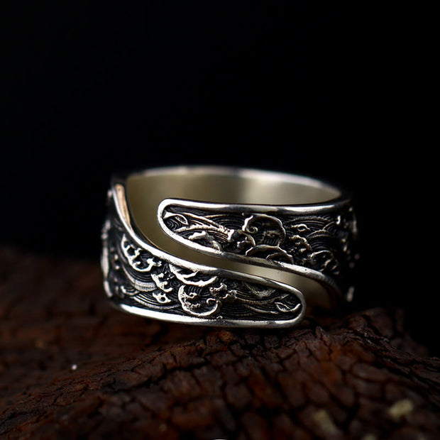 Buddha Stones Adjustable Opening 925 Sterling Silver Lucky Koi Fish Copper Coin Auspicious Clouds Wealth Ring