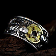 Buddha Stones Adjustable Opening 925 Sterling Silver Lucky Koi Fish Copper Coin Auspicious Clouds Wealth Ring