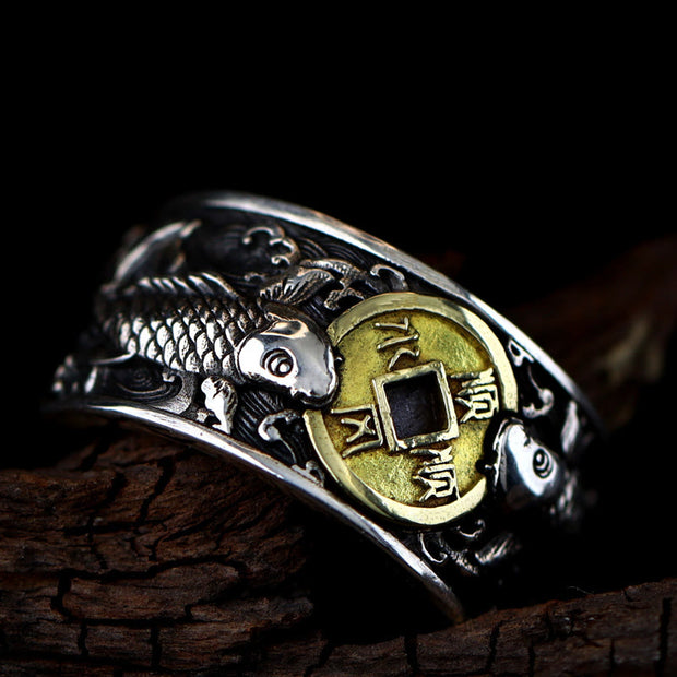 Buddha Stones Adjustable Opening 925 Sterling Silver Lucky Koi Fish Copper Coin Auspicious Clouds Wealth Ring