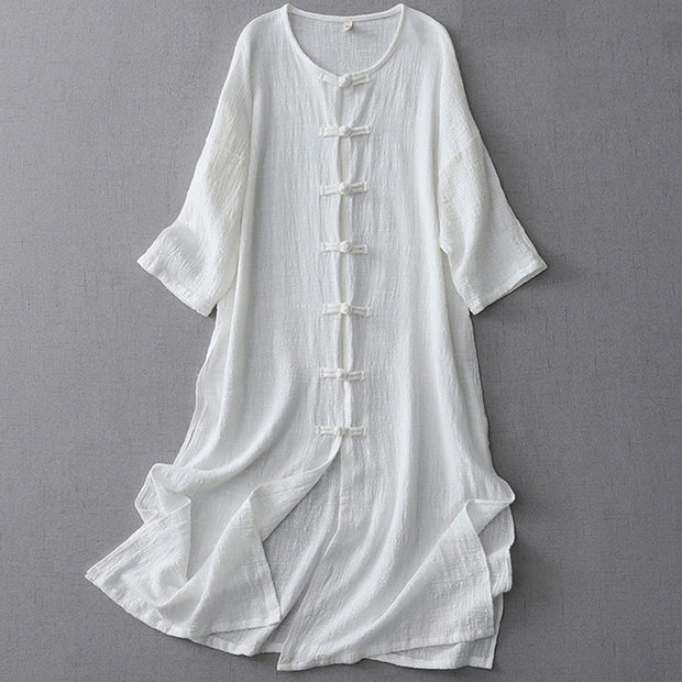 Buddha Stones Casual Summer Irregular Chinese Frog Button Design Women's Cotton Linen Coat