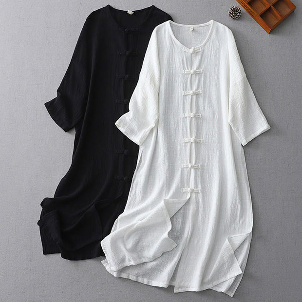 Buddha Stones Casual Summer Irregular Chinese Frog Button Design Women's Cotton Linen Coat