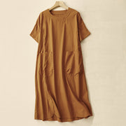 Buddha Stones Summer Casual Plain Crew Neck Simple Design Short Sleeve Midi Dress With Pockets