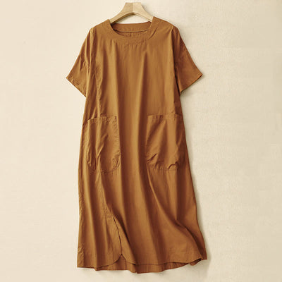 Buddha Stones Summer Casual Plain Crew Neck Simple Design Short Sleeve Midi Dress With Pockets