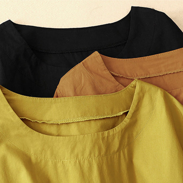 Buddha Stones Summer Casual Plain Crew Neck Simple Design Short Sleeve Midi Dress With Pockets