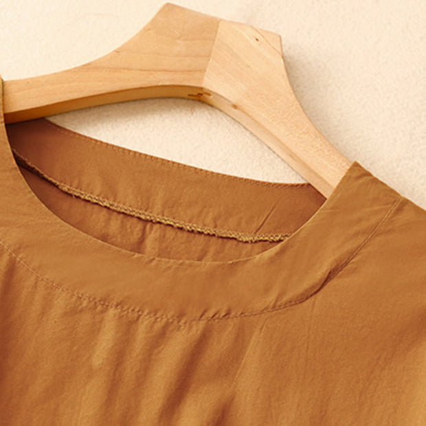 Buddha Stones Summer Casual Plain Crew Neck Simple Design Short Sleeve Midi Dress With Pockets