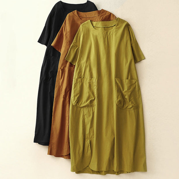 Buddha Stones Summer Casual Plain Crew Neck Simple Design Short Sleeve Midi Dress With Pockets