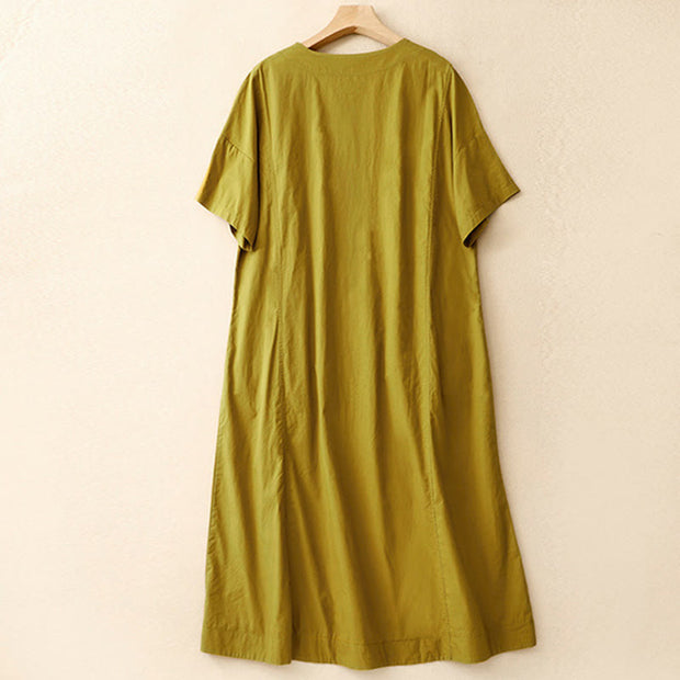 Buddha Stones Summer Casual Plain Crew Neck Simple Design Short Sleeve Midi Dress With Pockets