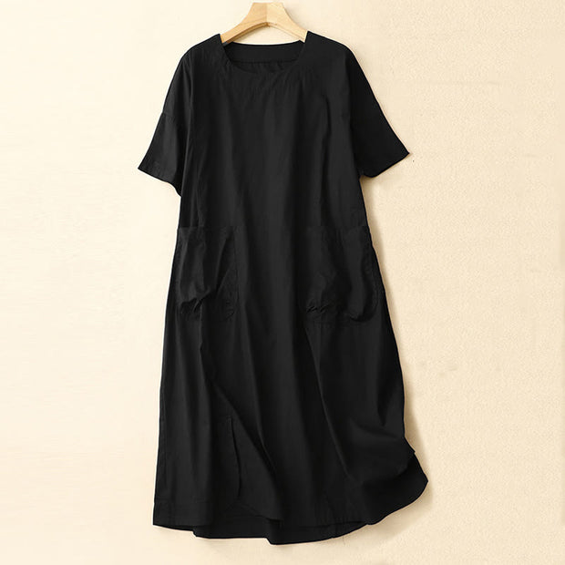 Buddha Stones Summer Casual Plain Crew Neck Simple Design Short Sleeve Midi Dress With Pockets