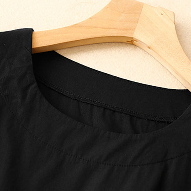 Buddha Stones Summer Casual Plain Crew Neck Simple Design Short Sleeve Midi Dress With Pockets