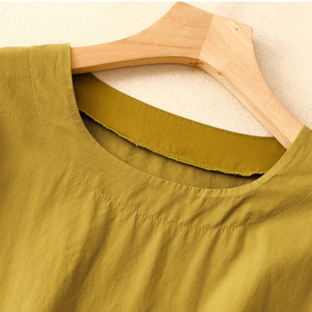 Buddha Stones Summer Casual Plain Crew Neck Simple Design Short Sleeve Midi Dress With Pockets