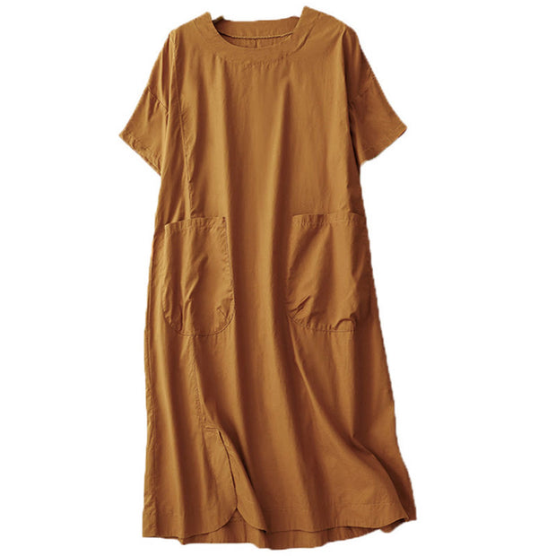 Buddha Stones Summer Casual Plain Crew Neck Simple Design Short Sleeve Midi Dress With Pockets