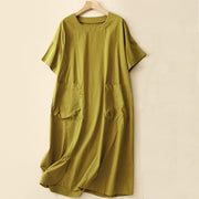 Buddha Stones Summer Casual Plain Crew Neck Simple Design Short Sleeve Midi Dress With Pockets