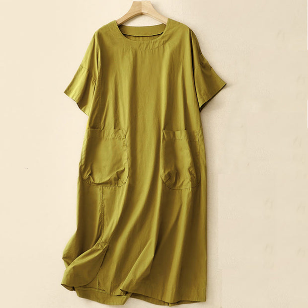Buddha Stones Summer Casual Plain Crew Neck Simple Design Short Sleeve Midi Dress With Pockets