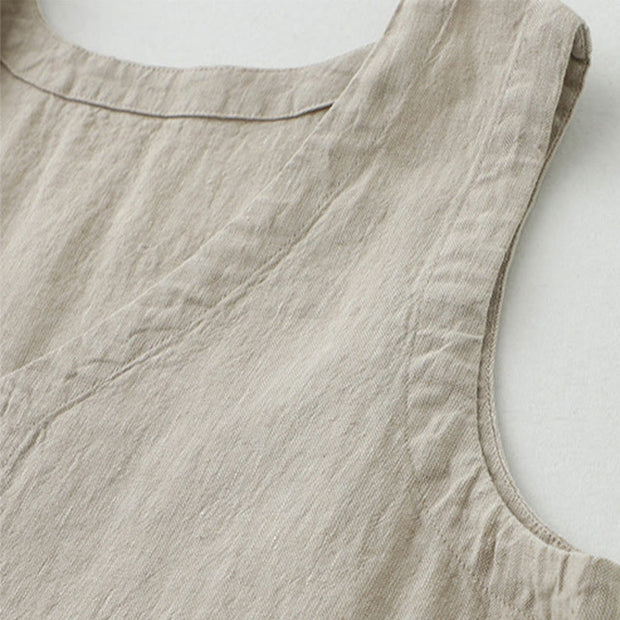 Buddha Stones Daily Casual Pure Color V-Neck Simple Buttons Design Sleeveless Midi Dress With Pockets