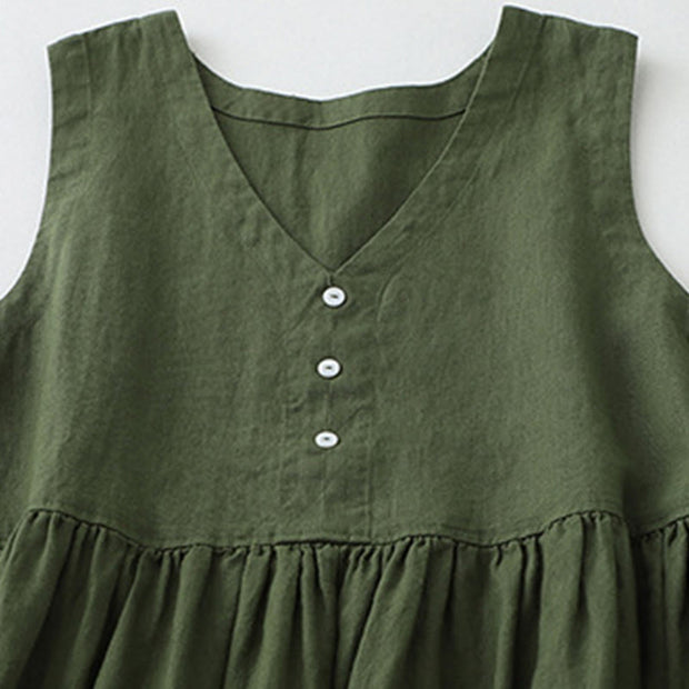 Buddha Stones Daily Casual Pure Color V-Neck Simple Buttons Design Sleeveless Midi Dress - image 11