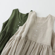 Buddha Stones Daily Casual Pure Color V-Neck Simple Buttons Design Sleeveless Midi Dress With Pockets