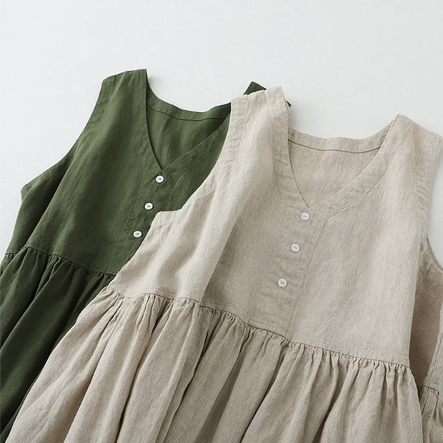 Buddha Stones Daily Casual Pure Color V-Neck Simple Buttons Design Sleeveless Midi Dress With Pockets