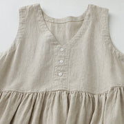 Buddha Stones Daily Casual Pure Color V-Neck Simple Buttons Design Sleeveless Midi Dress With Pockets