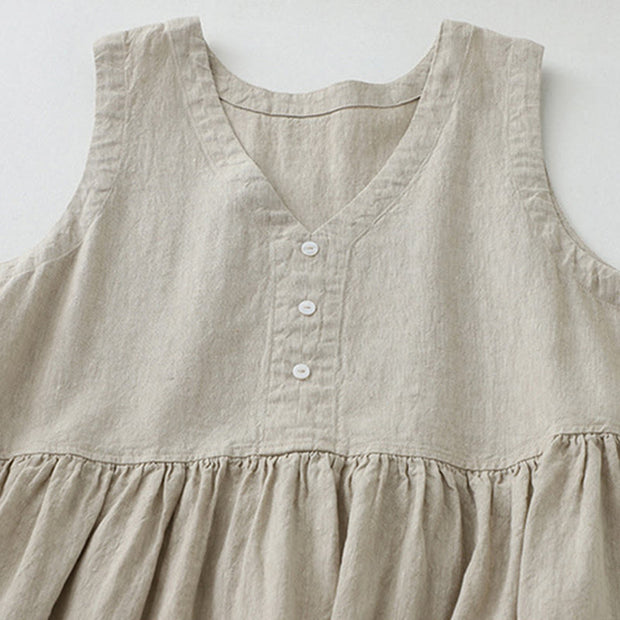 Buddha Stones Daily Casual Pure Color V-Neck Simple Buttons Design Sleeveless Midi Dress With Pockets