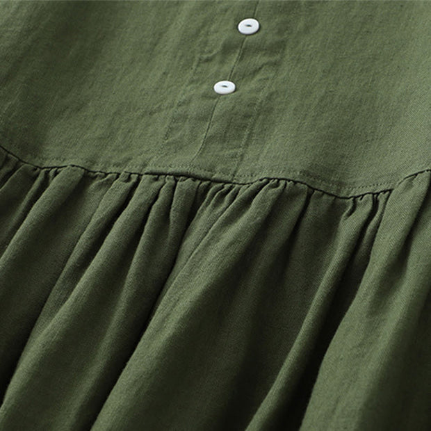 Buddha Stones Daily Casual Pure Color V-Neck Simple Buttons Design Sleeveless Midi Dress With Pockets