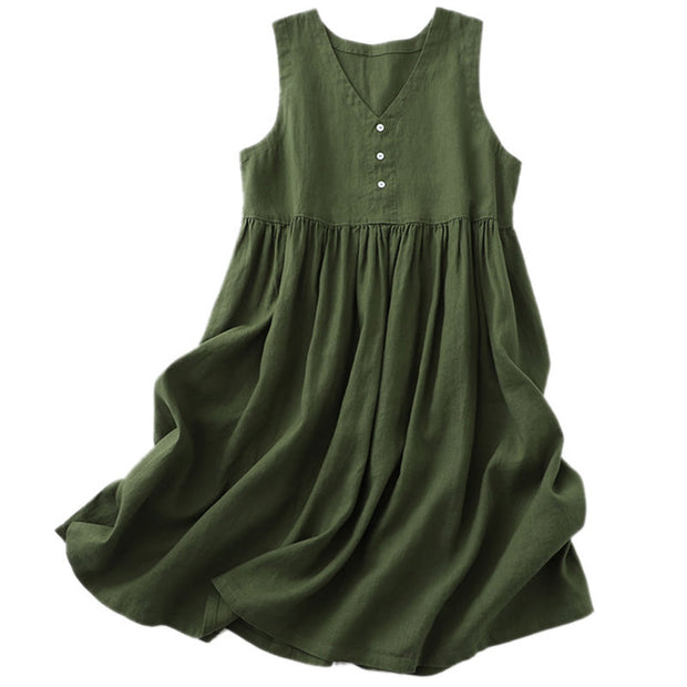 Buddha Stones Daily Casual Pure Color V-Neck Simple Buttons Design Sleeveless Midi Dress With Pockets