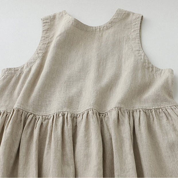 Buddha Stones Daily Casual Pure Color V-Neck Simple Buttons Design Sleeveless Midi Dress With Pockets