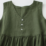 Buddha Stones Daily Casual Pure Color V-Neck Simple Buttons Design Sleeveless Midi Dress With Pockets