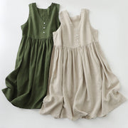Buddha Stones Daily Casual Pure Color V-Neck Simple Buttons Design Sleeveless Midi Dress With Pockets
