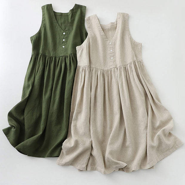 Buddha Stones Daily Casual Pure Color V-Neck Simple Buttons Design Sleeveless Midi Dress With Pockets