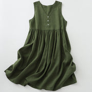 Buddha Stones Daily Casual Pure Color V-Neck Simple Buttons Design Sleeveless Midi Dress With Pockets