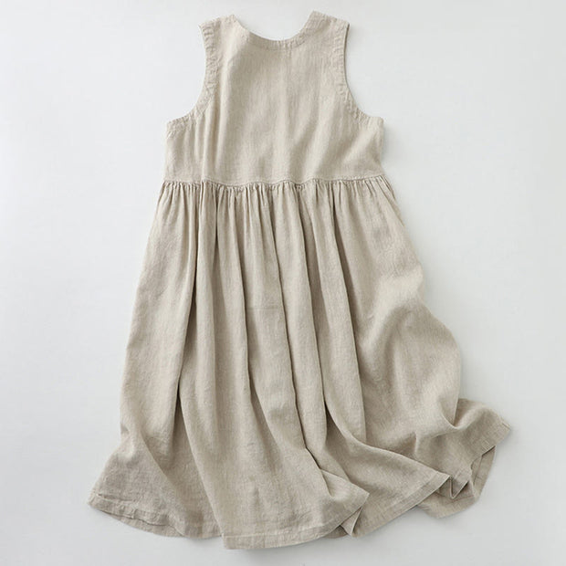 Buddha Stones Daily Casual Pure Color V-Neck Simple Buttons Design Sleeveless Midi Dress With Pockets