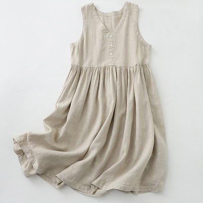 Buddha Stones Daily Casual Pure Color V-Neck Simple Buttons Design Sleeveless Midi Dress With Pockets