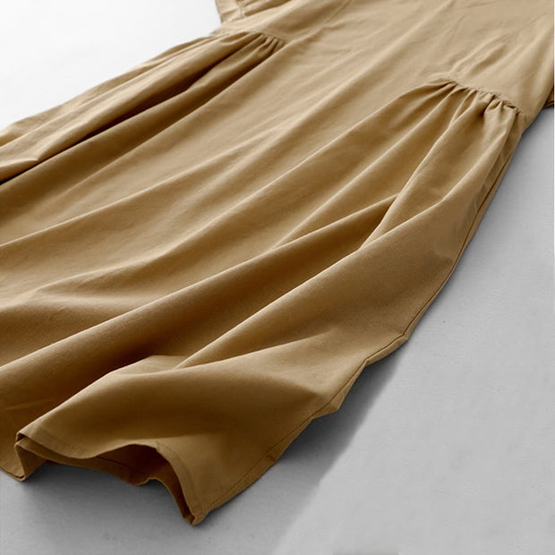 Buddha Stones Summer Casual Pure Color V-Neck Pleating Waist Design Midi Dress With Pockets