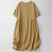 Buddha Stones Summer Casual Pure Color V-Neck Pleating Waist Design Midi Dress With Pockets