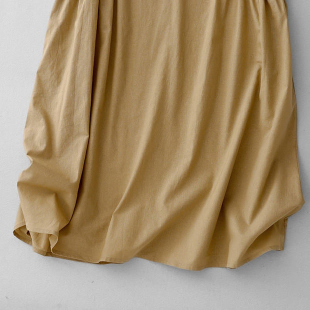Buddha Stones Summer Casual Pure Color V-Neck Pleating Waist Design Midi Dress With Pockets