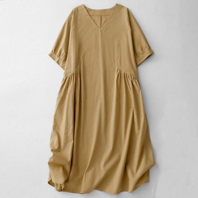 Buddha Stones Summer Casual Pure Color V-Neck Pleating Waist Design Midi Dress With Pockets