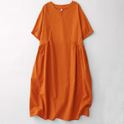 Buddha Stones Summer Casual Pure Color V-Neck Pleating Waist Design Midi Dress With Pockets