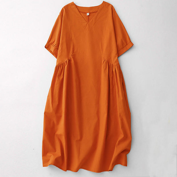 Buddha Stones Summer Casual Pure Color V-Neck Pleating Waist Design Midi Dress With Pockets