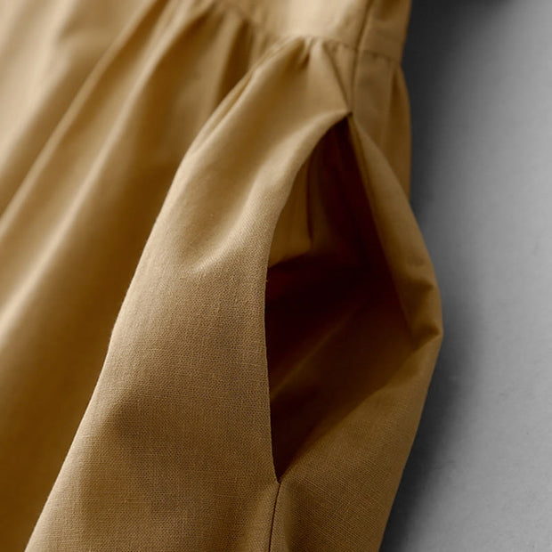 Buddha Stones Summer Casual Pure Color V-Neck Pleating Waist Design Midi Dress With Pockets