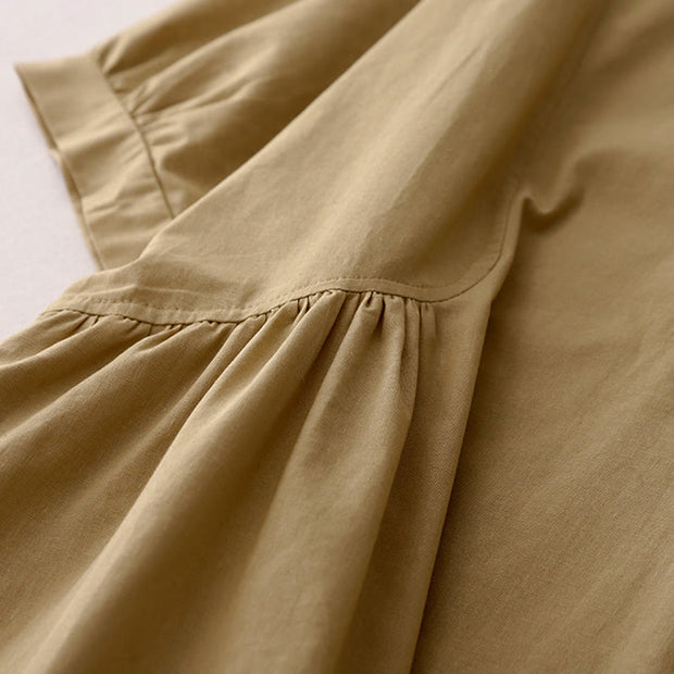 Buddha Stones Summer Casual Pure Color V-Neck Pleating Waist Design Midi Dress With Pockets