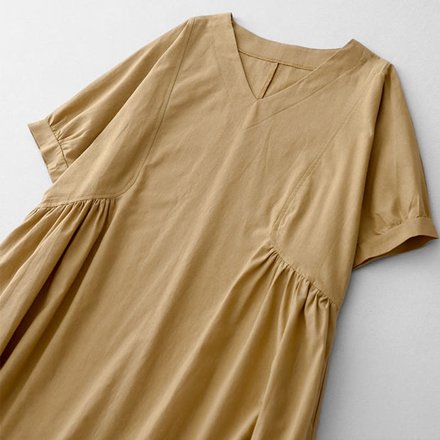 Buddha Stones Summer Casual Pure Color V-Neck Pleating Waist Design Midi Dress With Pockets