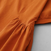 Buddha Stones Summer Casual Pure Color V-Neck Pleating Waist Design Midi Dress With Pockets