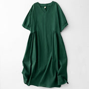 Buddha Stones Summer Casual Pure Color V-Neck Pleating Waist Design Midi Dress With Pockets