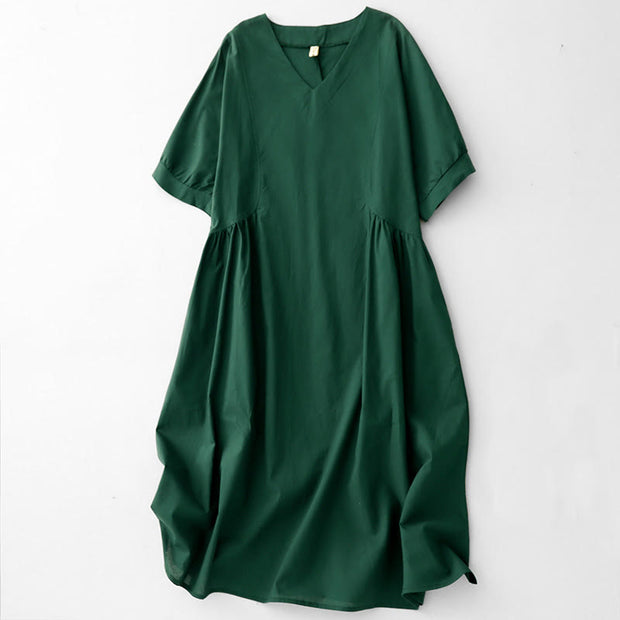 Buddha Stones Summer Casual Pure Color V-Neck Pleating Waist Design Midi Dress With Pockets